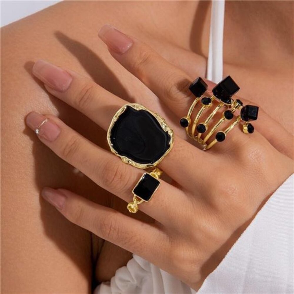 Gold & Black Enamel Stackable Rings Set – 14k Geometric Statement Jewelry (3pcs)